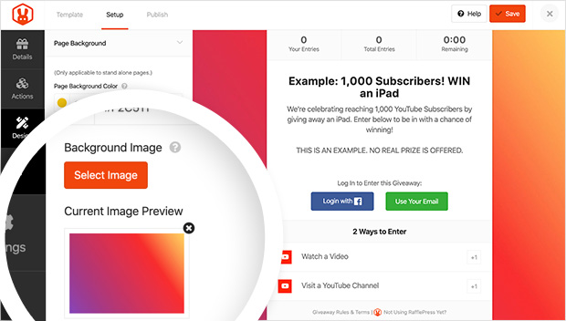 Set a background image for your YouTube giveaway landing page
