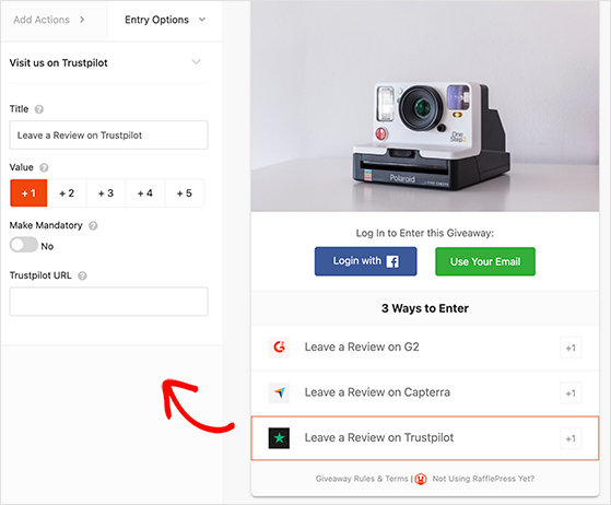 A screenshot showing the entry options for RafflePress's Visit us on Trustpilot action