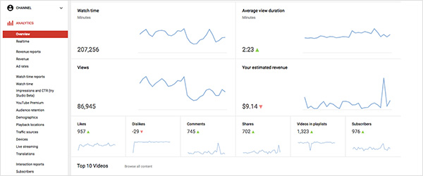 YouTube Analytics showing subscriber and view growth
