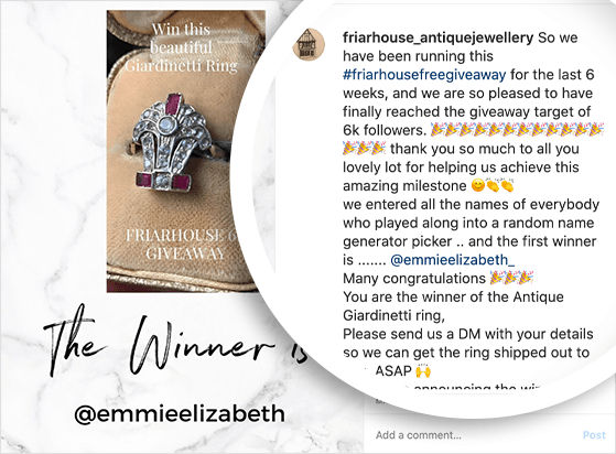 Instagram announcement post for a giveaway winner