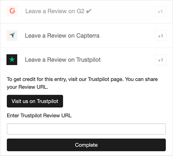 Example of a Trustpilot review entry action inside a RafflePress giveaway