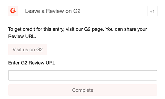 A screenshot showing the front-end view of the visit us on G2 RafflePress action