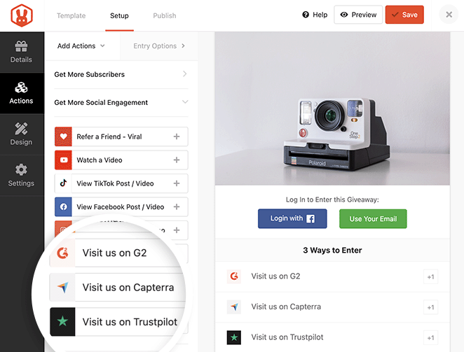 A screenshot of RafflePress's G2, Capterra, and Trustpilot giveaway actions.