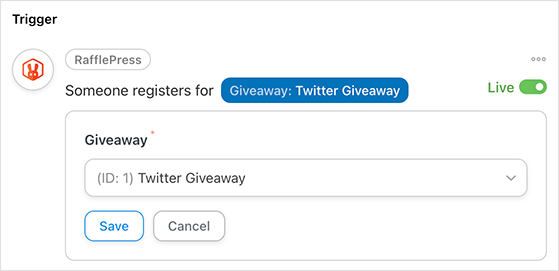 A screenshot of RafflePress giveaway trigger in Uncanny Automator