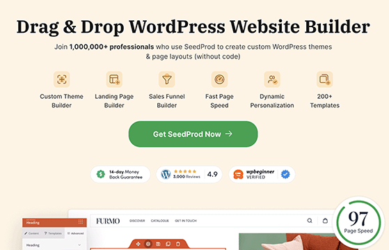 Screenshot of SeedProd drag-and-drop page builder for creating giveaway landing pages with countdown timers