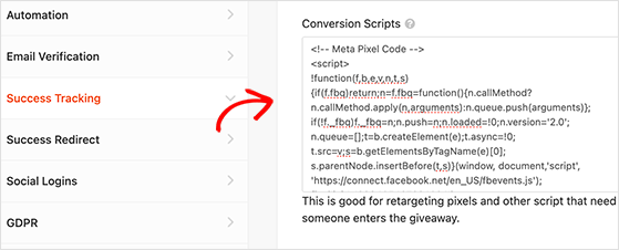 Adding the Meta tacking pixel in RafflePress.