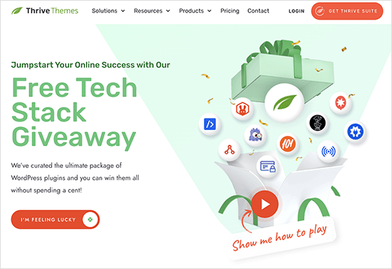 Thrive Themes branded giveaway landing page header with bold headline and prize image