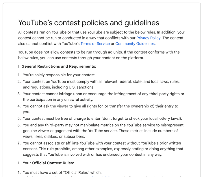 YouTube contest rules infographic with key policy reminders